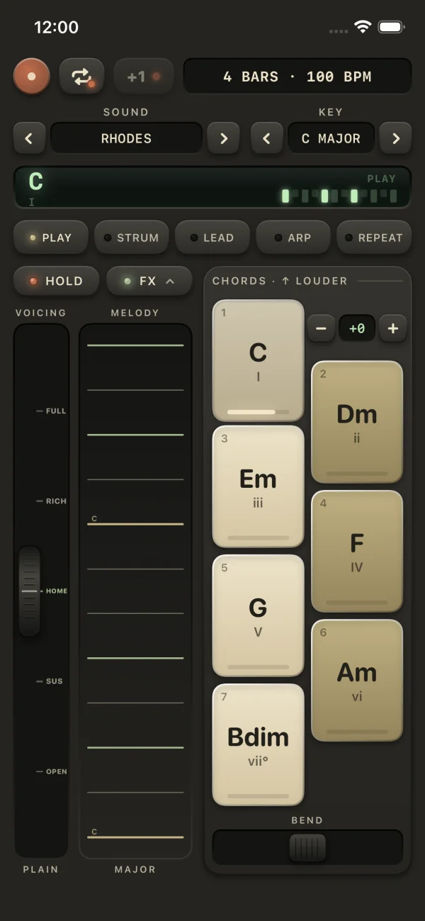 Gelato Chord in portrait: the display reads C, with seven chord keys in a piano-key stagger beside the voicing wheel and melody plate