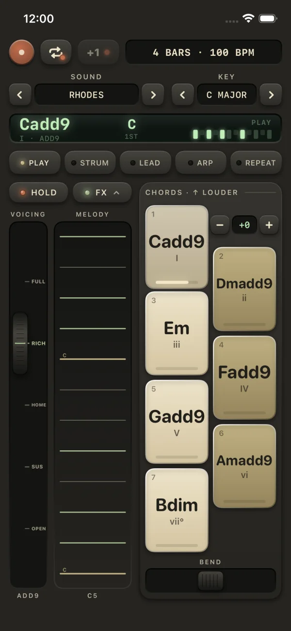The voicing wheel at Full, with the display naming the richer chord