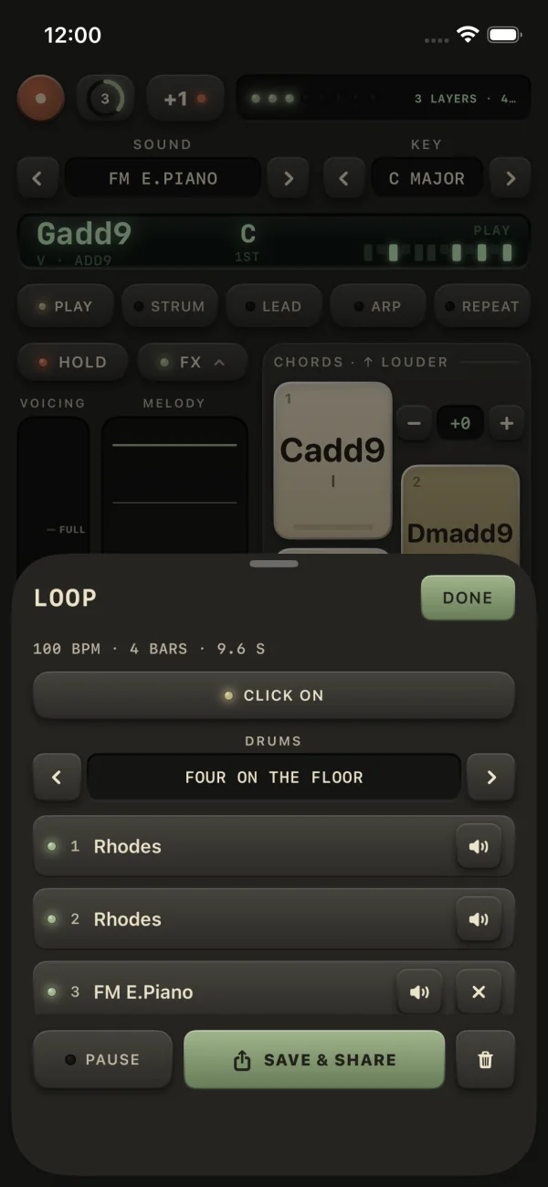 The loop sheet with tempo, bar count and drum groove choices