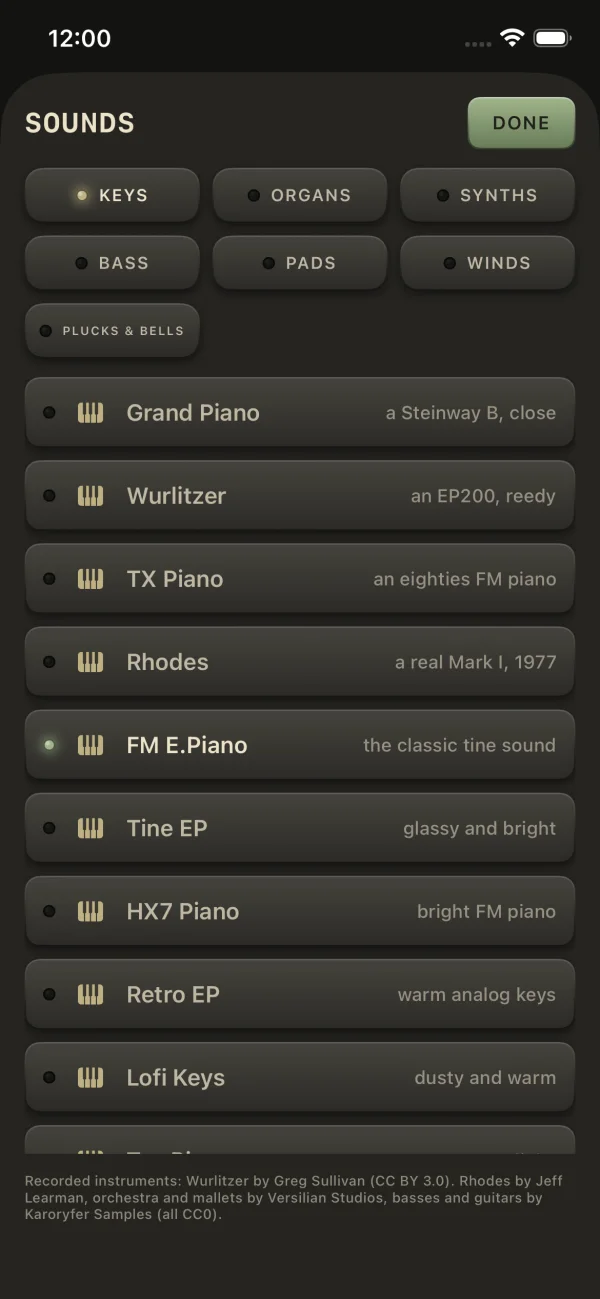 The sound list: Keys, Organs, Synths, Bass, Pads, Winds, Plucks and Bells