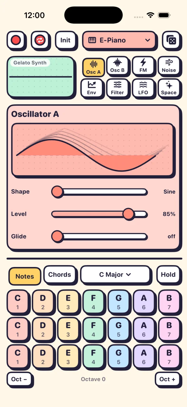 Notes mode: three rows of pads, one per scale note, colored by scale degree
