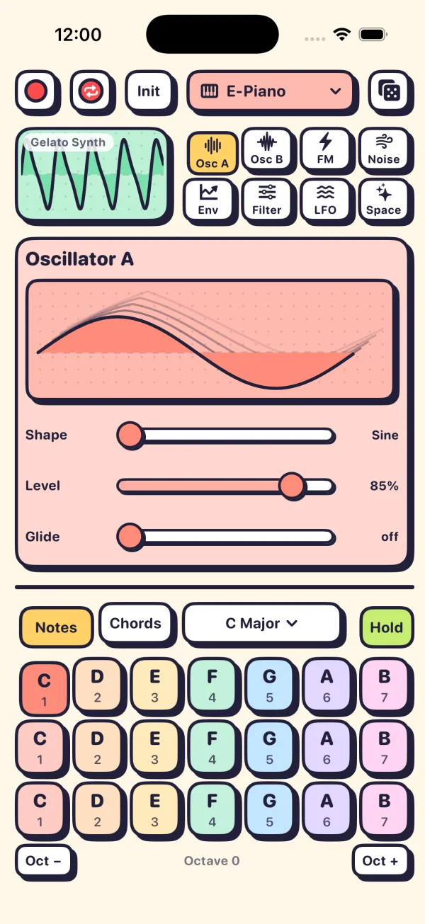 The Osc A page: a wave preview above Shape, Level and Glide sliders