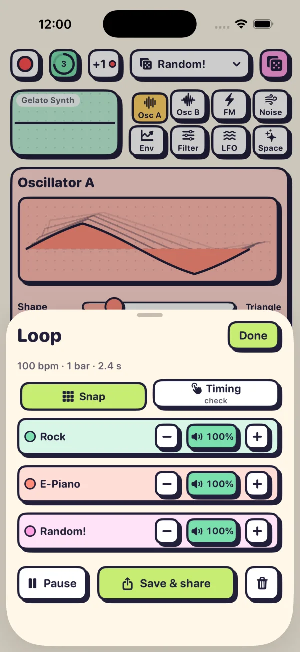 The loop sheet: tempo, number of bars, and beat choices Click, Rock, Hip Hop and Dance