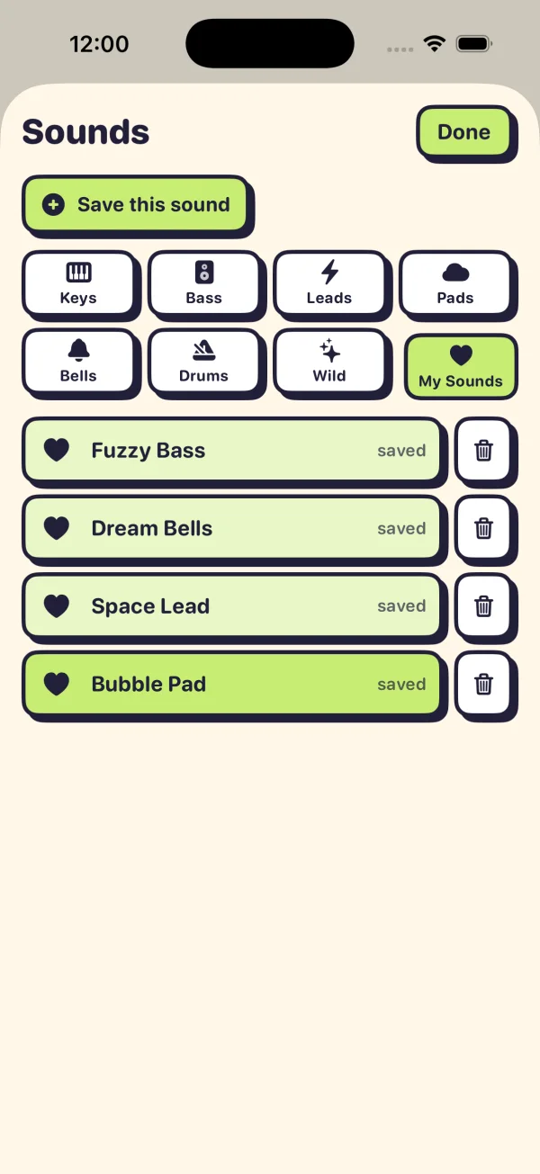 The Sounds sheet with preset categories and a My Sounds list