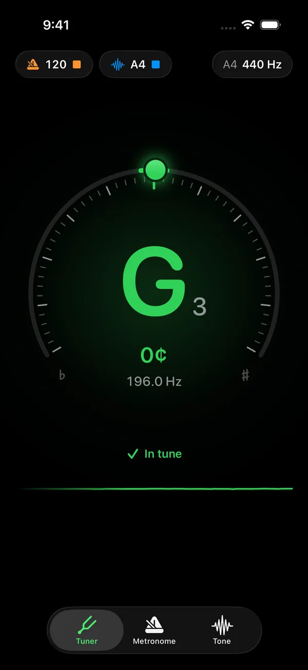The Tuner tab reading G3 at 0 cents and 196.0 Hz, locked green with In tune below the dial