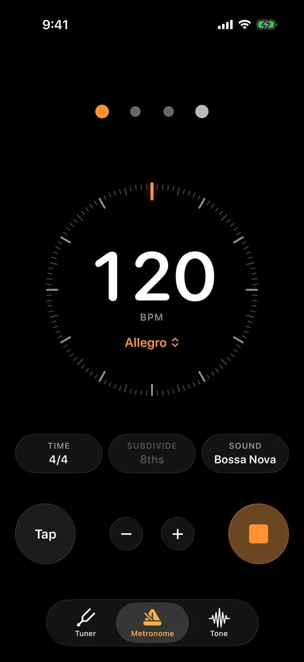 The Metronome tab at 120 BPM, Allegro, in 4/4 with the Bossa Nova groove playing